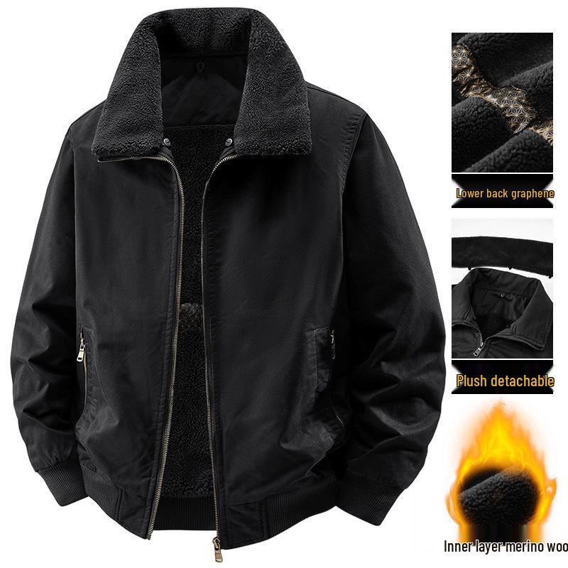 2025 Men's Velvet Jacket: Wear-Resistant, Warm, Detachable Fur Collar, Cotton Coat