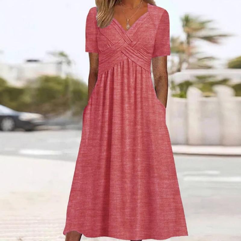 A New Autumn Fashion Solid-color V-neck Short-sleeved Pocket Personalized Dress for Women