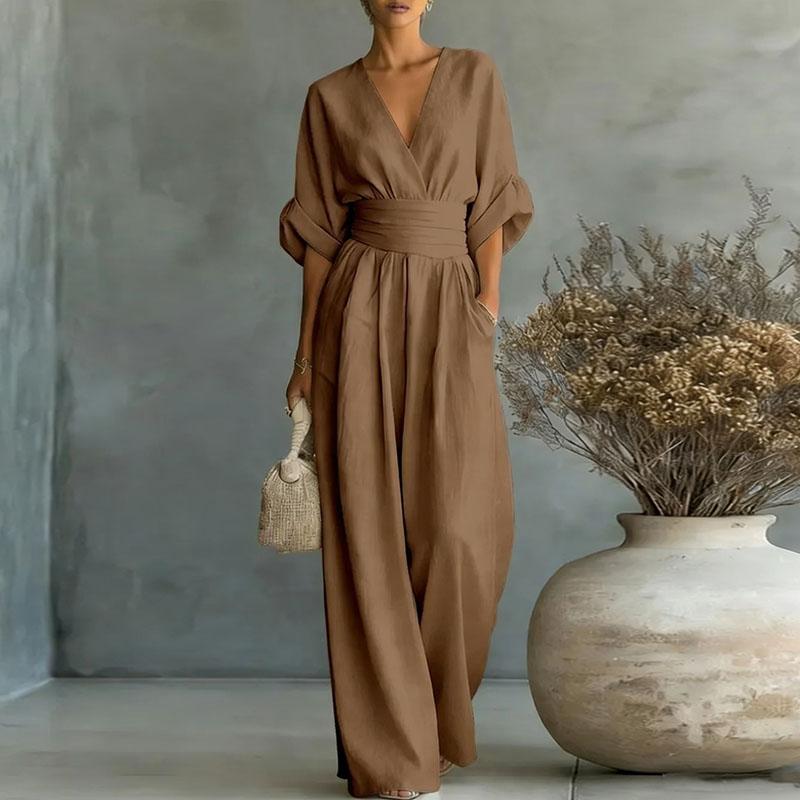 2026 Diepe V-hals Dames Jumpsuits Elegante Effen Hoge Taille Rompers Casual Wijde Pijpen Broek Zak Overalls Vakantie Outfit Los