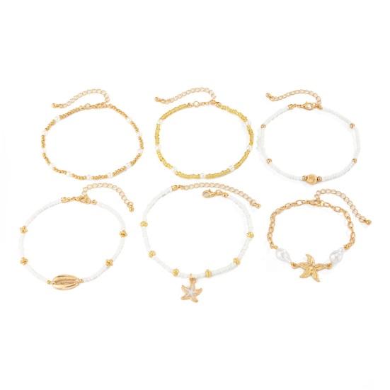 Beach Anklet for Women, Starfish Shell Fish Tail Pendant Boho Bracelet, Layered Faux Pearl Foot Chain for Summer Vacation