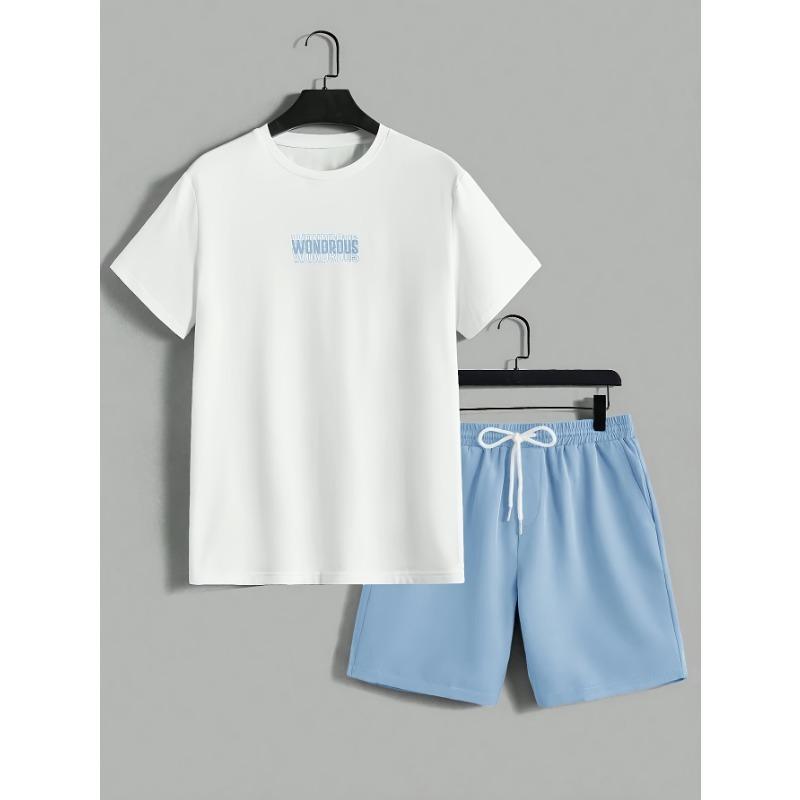 Men s casual sports suit: round neck, short sleeves, fashionable and simple letter geometric print S