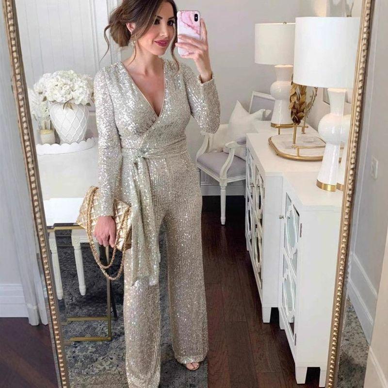V-neck Long sleeve Shiny Crystal Sequin Waist Hugging Jumpsuit Formal Dress Women V-Neck Jumpsuit Pants Women