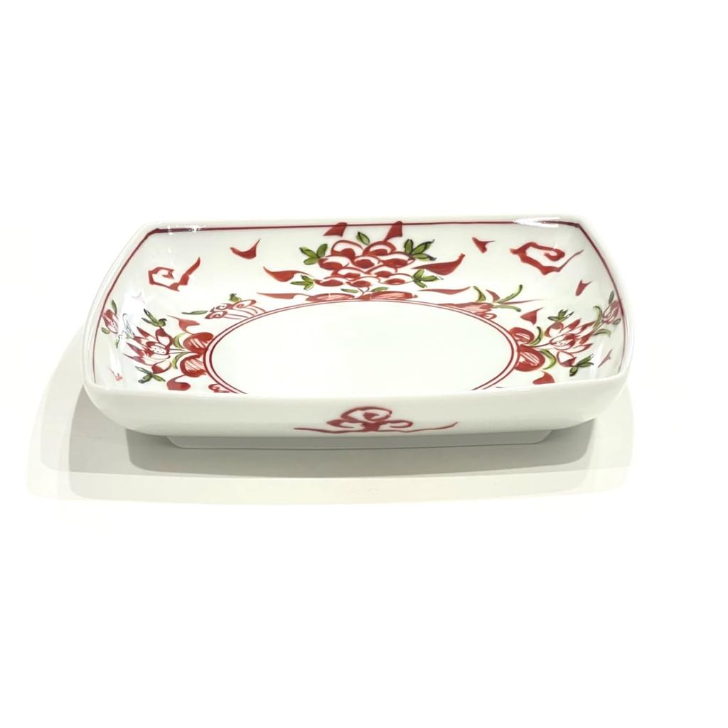 Arita ware square plate, hand-painted Denpeigama Mingli red-painted square plate, approximately 17cm