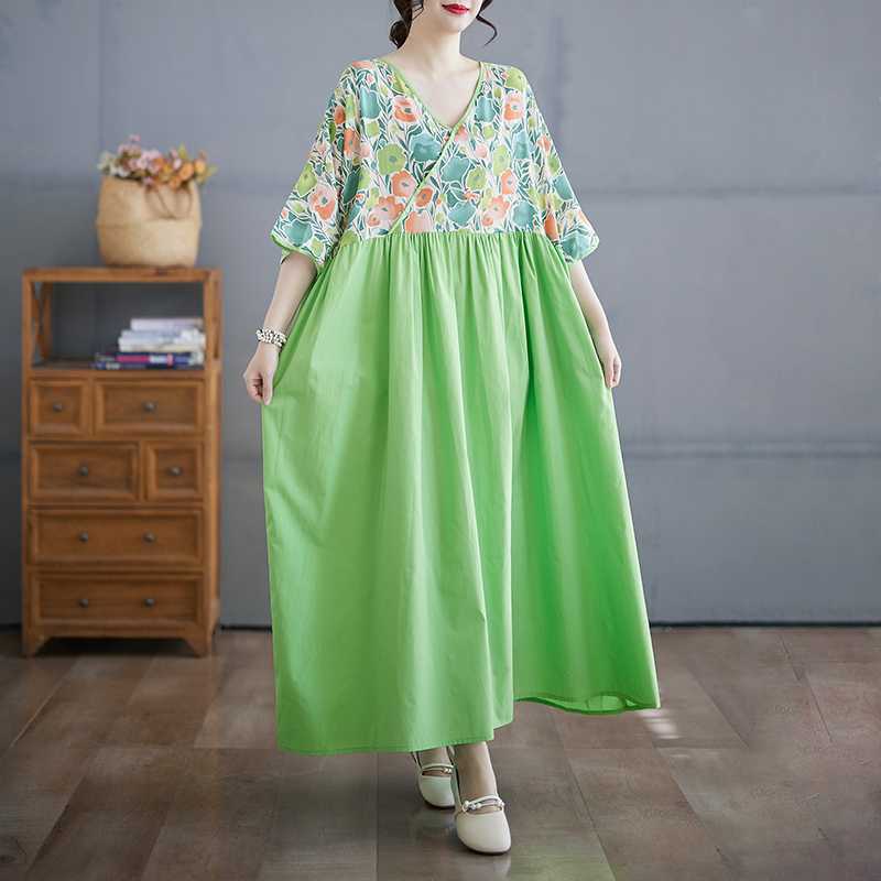 Cotton and Linen Summer Patchwork Retro Style Dress Long Skirt