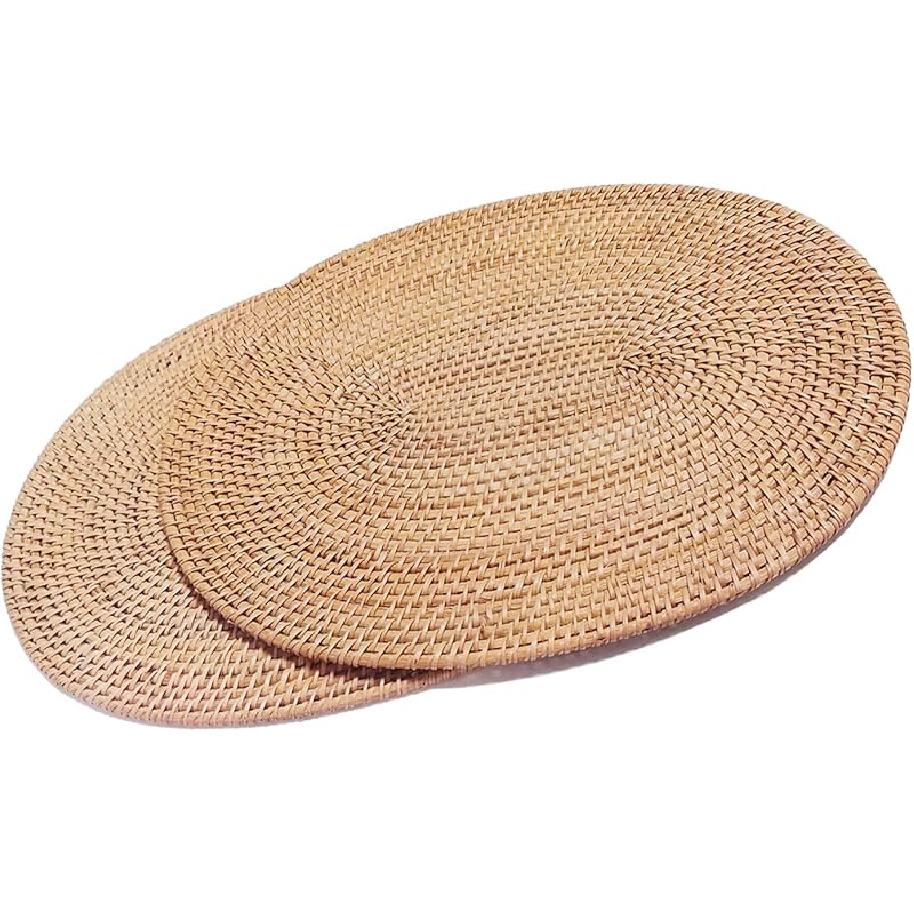 Set of 2 Oval 15.7x11.8IN Natural Handmade Rattan Placemats Rattan Insulation Heat-Resistant Mat Pot Holder Tripod