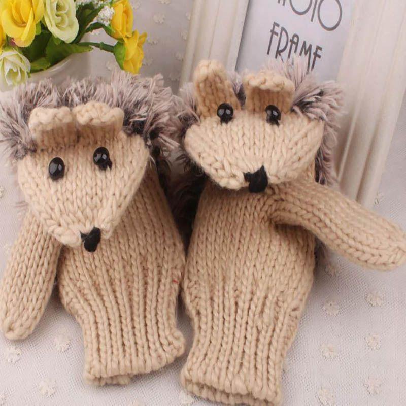 Cozy Women Girls Warm Cartoon Hedgehog Gloves Soft Knitted Winter Mittens