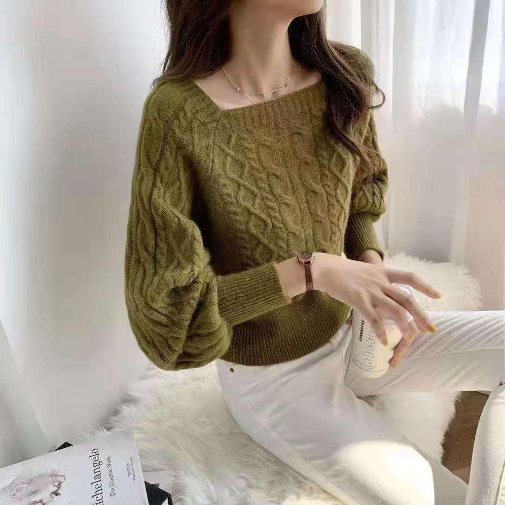 Korean Style Loose Square Neck Sweater - Women's Thick Cable Knit Waist-Slimming Top for Autumn/Winter