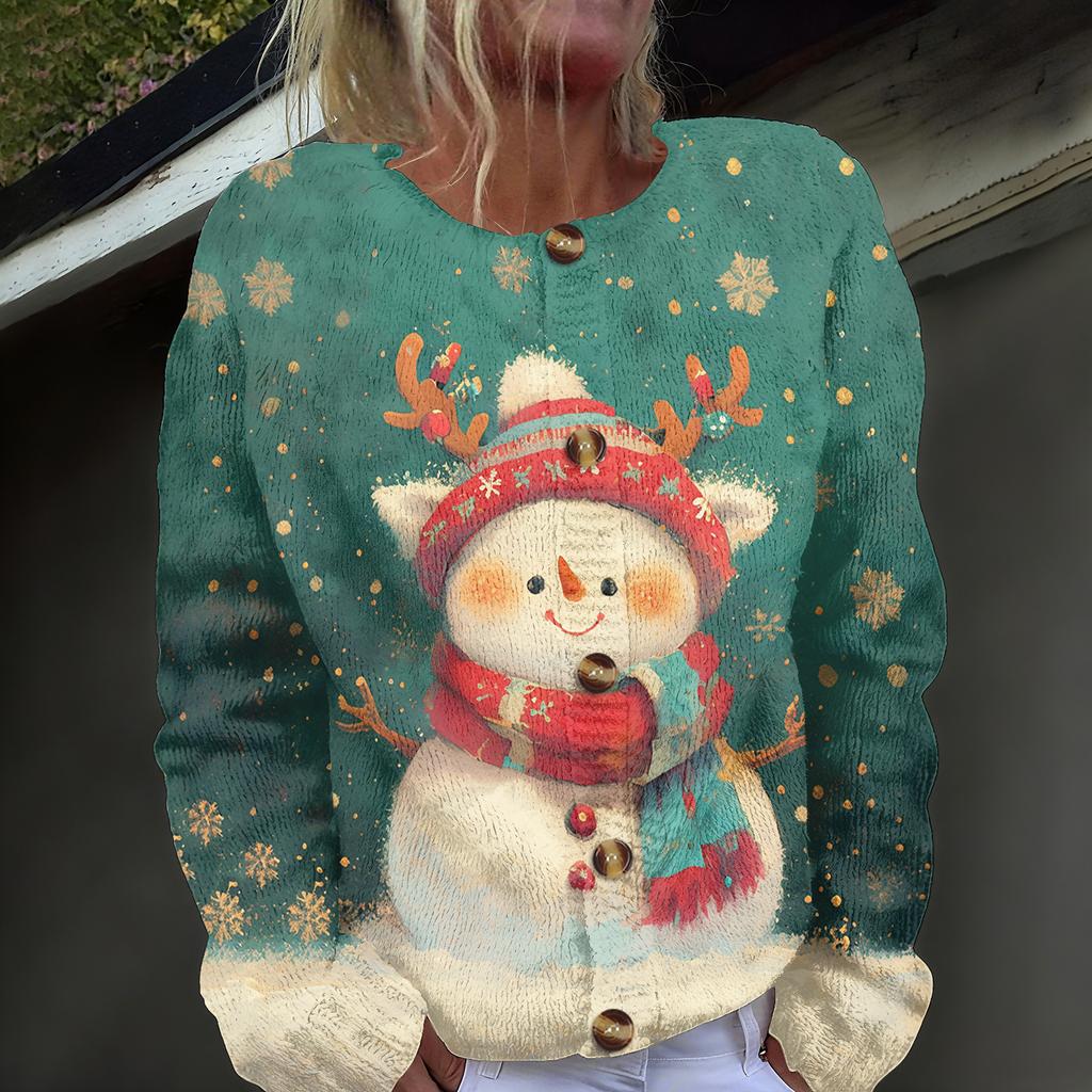 Damenmode, weihnachtlich bedruckt, langärmelig, Strickjacke, Button-Down-Jacke