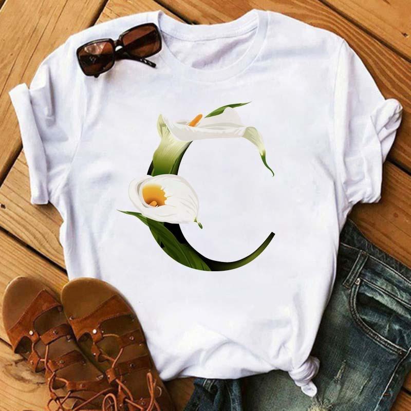 Womens Short Sleeved Tshirt with Floral Letter Print Top with Floral Pattern Casual Natural and Fashionable Daily WhiteTshirt