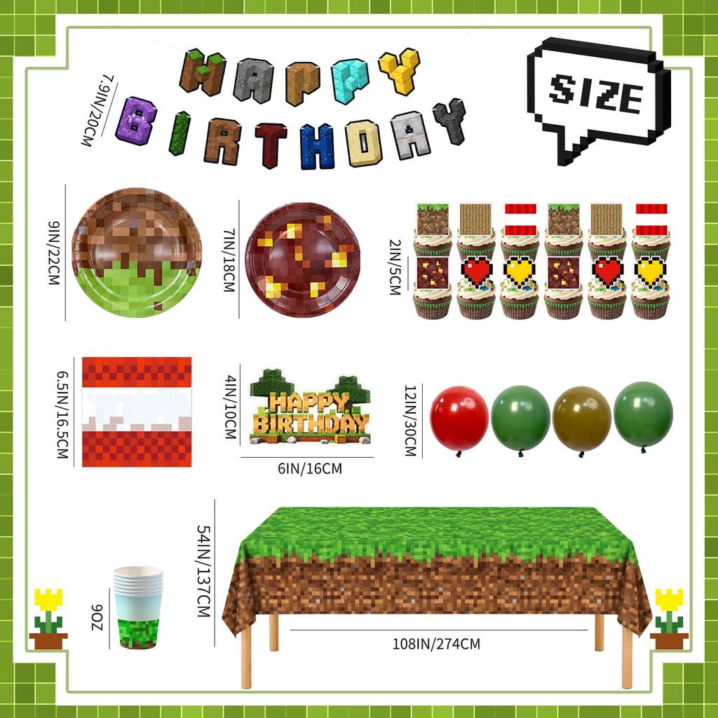 109Pcs Pixel Birthday Party Supplies,Video Game Party Decorations Tableware-Balloons Tablecloth Banner Cake Toppers for Pixel Birthday Decorations
