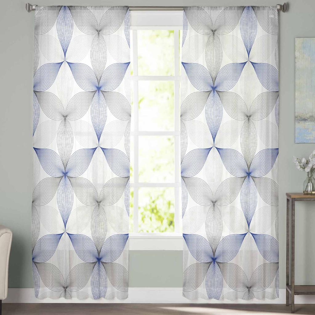 Modern Art Geometric Pattern Blue Tulle Window Curtains for Bedroom Luxury Home Decor Drapes In Living Room Chiffon Panels