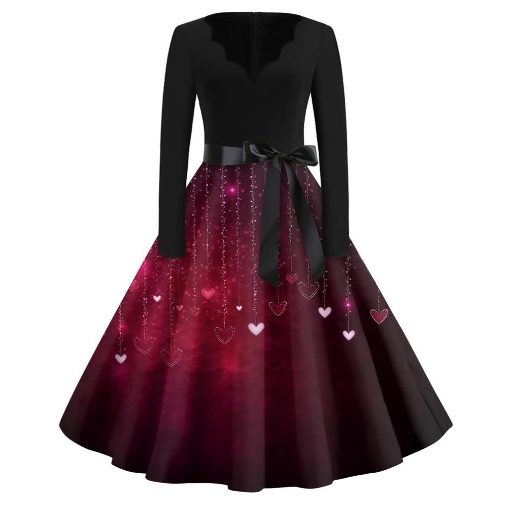 Druck Flared Kleid Für Frauen Langarmkleid Hohl Party Freizeitkleider