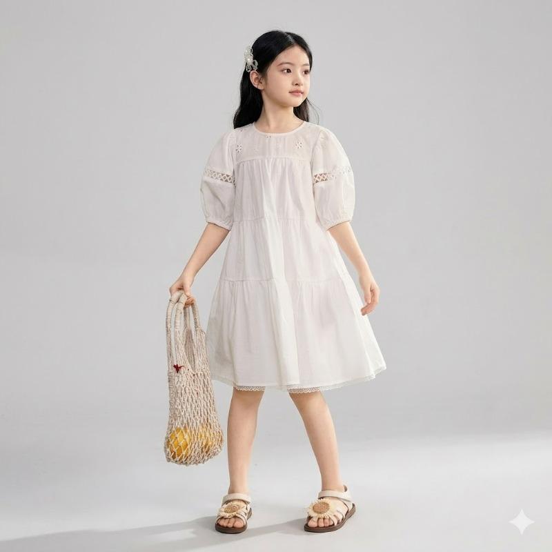 Big Girls Puff Sleeve Short Sleeve Princess Dress Casual Summer Sweet Kids Dress