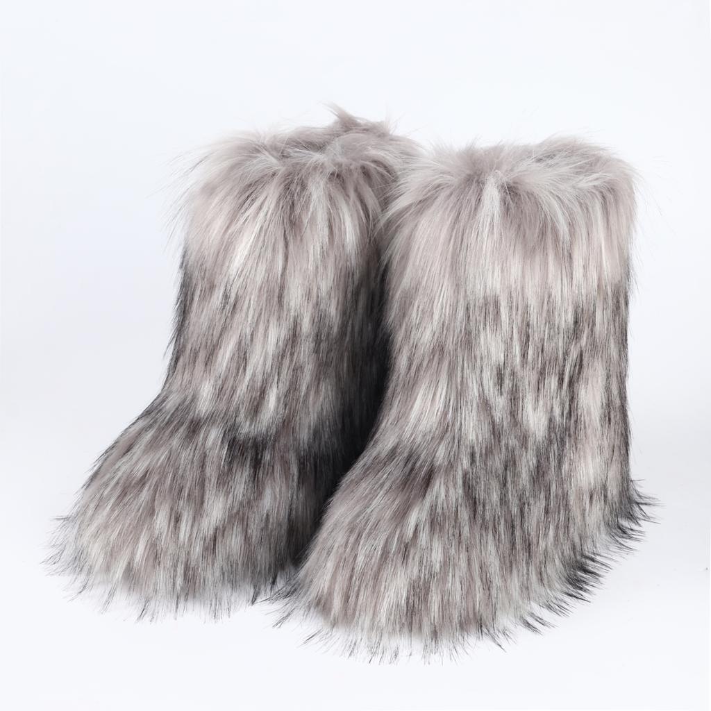 Casual Faux Fox Fur Ankle Boots for Women Winter Warm Plush Short Fur Boots Comfortable Flat Heel Plus Size Snow Boot for Ladies