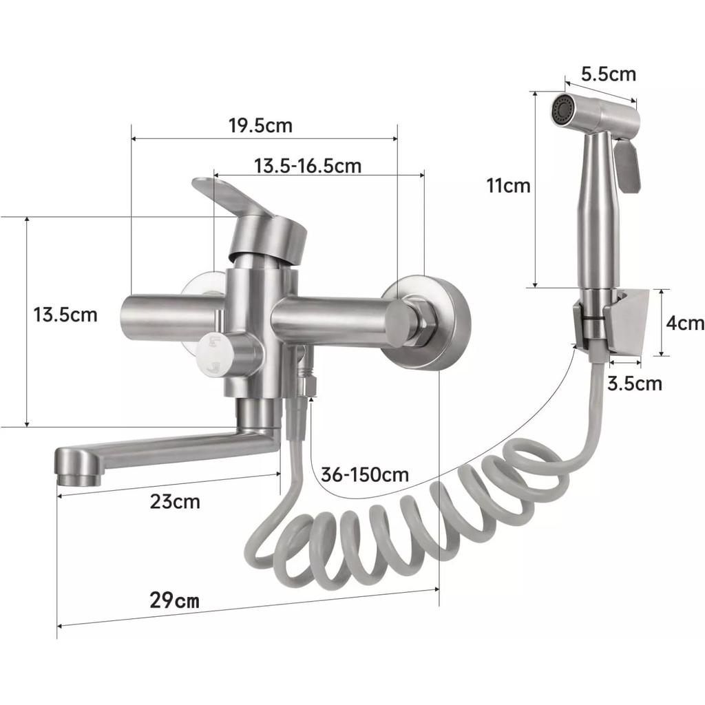 Grifo mezclador de pared para cocina, material de acero inoxidable 304 de grado alimentario, giratorio 360°