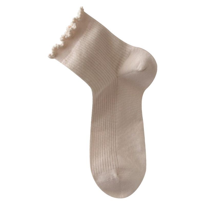 Black Ear-trimmed Socks for Women In Autumn, Solid Color Lace Mid-calf Pile Socks, Versatile Stretch Socks