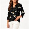 Vintage Floral Print Henley Button Neck 3/4 Sleeve Linen Cotton Blend Shirt for Women Casual Loose Fit Top