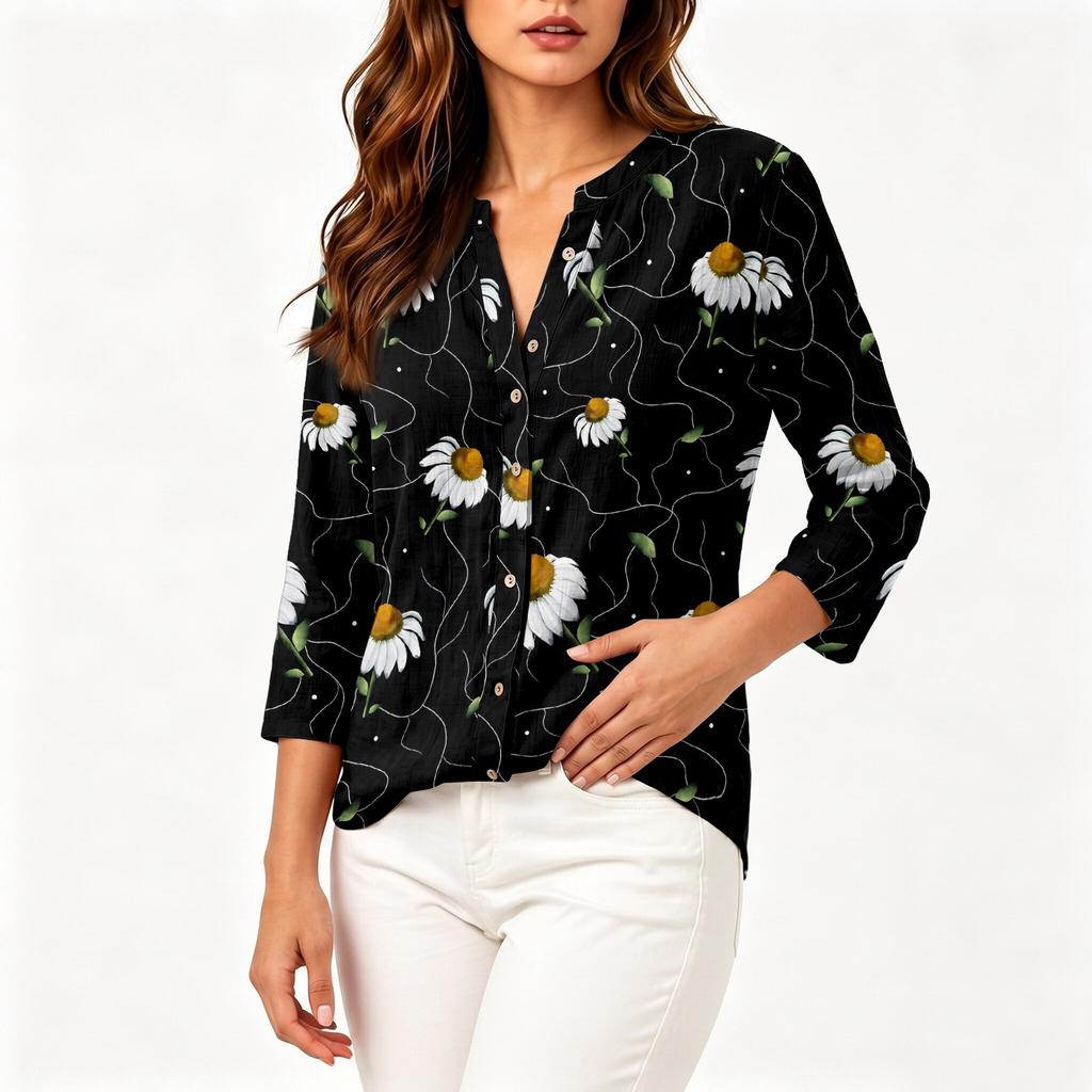 Vintage Floral Print Henley Button Neck 3/4 Sleeve Linen Cotton Blend Shirt for Women Casual Loose Fit Top