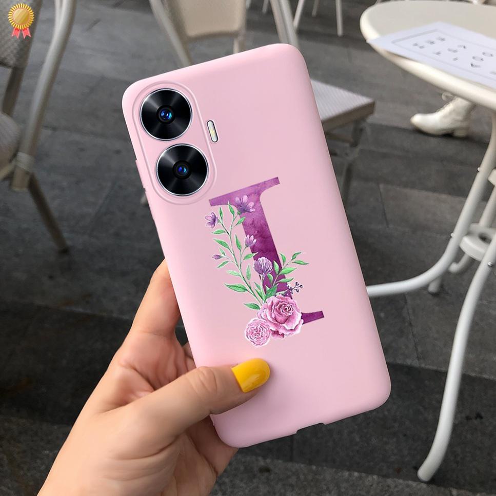 For Realme C55 C 55 6.72'' Case Delicate Cute Letters 3D Crown Flowers Matte Shockproof Soft TPU Silicone Phone Case Back Cover