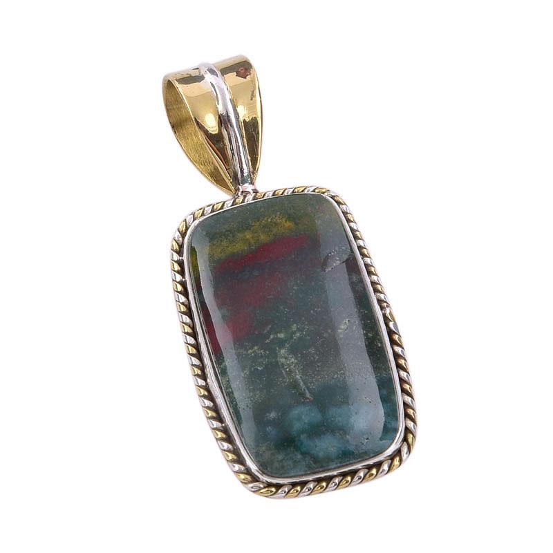 Natural Bloodstone 925 Solid Sterling Silver Jewelry TwoTone Pendant 1.50" t9s36