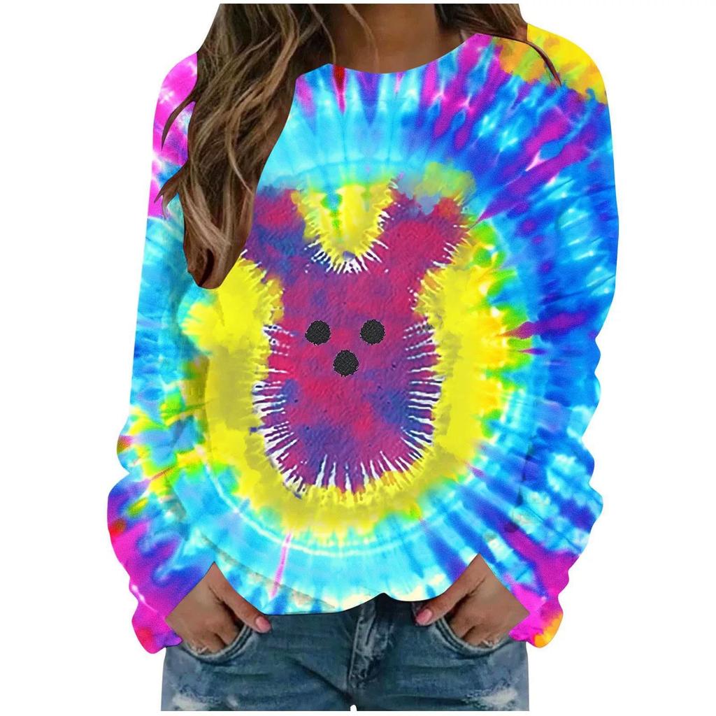 Round Neck 3D Tie Dye Rabbit Printed Top Fashionable Casual Long Sleeved Women's T-shirts
