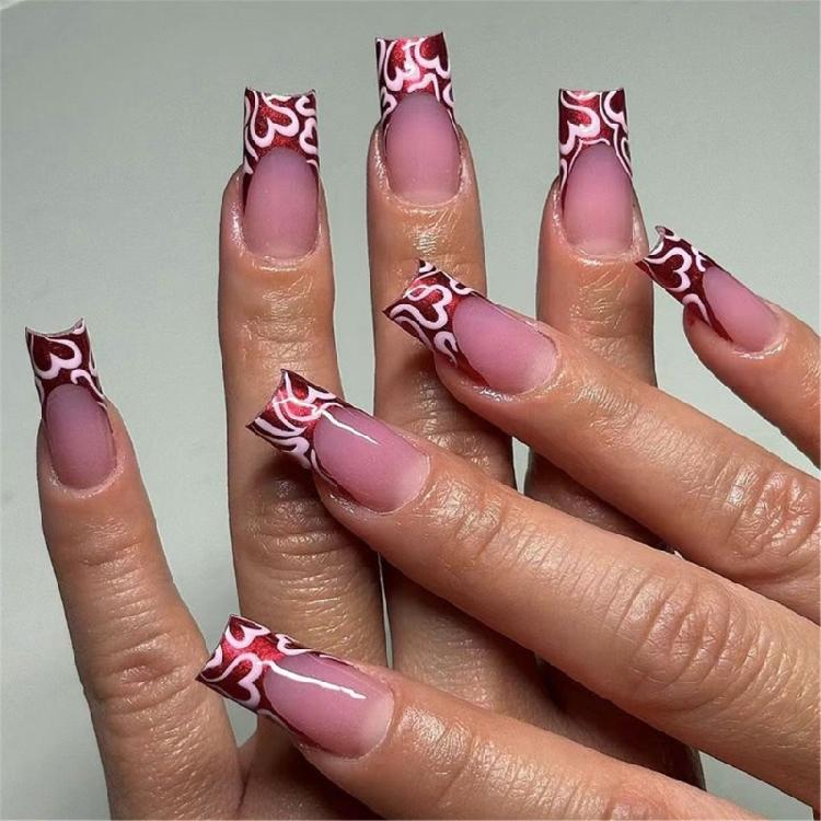 

24 Pcs French Tip Stick on Nail Valentines Day False Nail Medium Coffin Press On Nail Glittering Artificial Nail 1