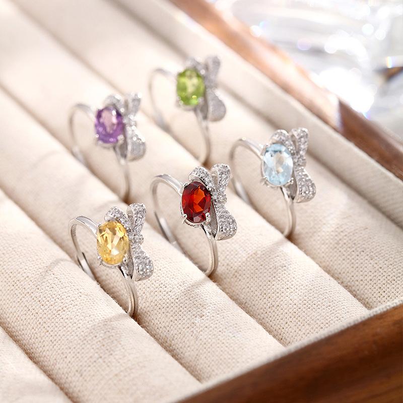Bow Ring S925 Sterling Silver Ring Women's Fashion Inlaid with Natural Crystal Stone Jewelry Women's Fashion Gift