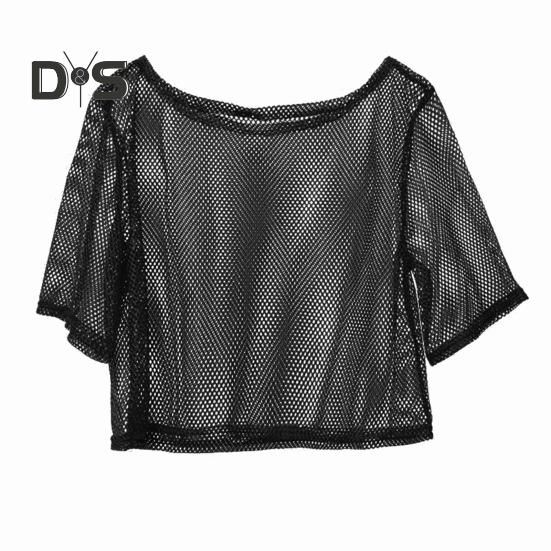 Women Fishnet T Shirt Hollow Out Solid Color Loose Round Neck Three Quarter Sleeve Pullover See Through Nightclub Party Dance Top