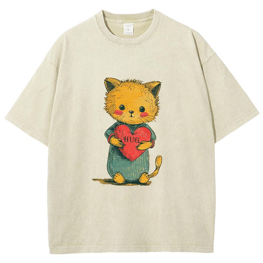 Camiseta de Mujer de Mezclilla Lavada con Estampado de Gato Naranja Estilo Lindo Algodón Oversized Manga Corta Girly Básica
