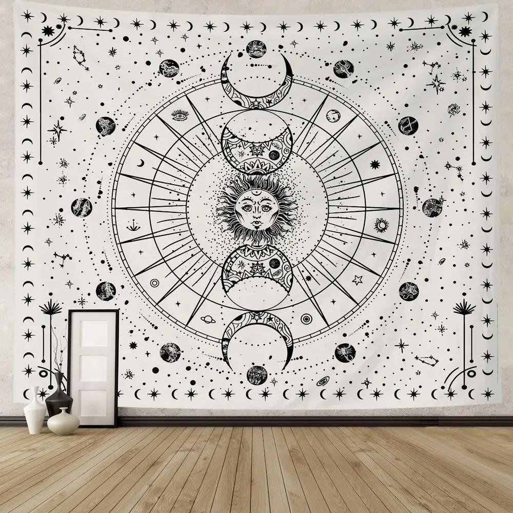 VIKAMA Sonnengott und Mondgöttin Wandteppich Schwarz und Weiß Mystische Astrologische Hängedekoration Bohème Stil Schlafzimmer Wanddekoration