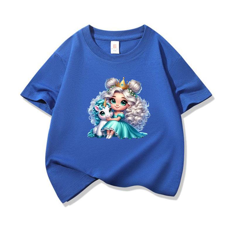 Kids Cotton T Shirt Princess Girl With Blue Unicorn Print Crew Neck Short Sleeve Tee Casual Boys Girls Summer Tops