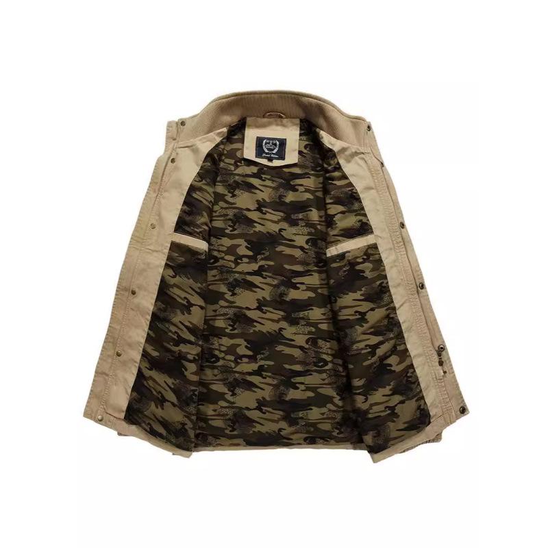 Herren Verdickte Retro Jacke Stehkragen Winddicht Freizeitjacke Mehrfach-Taschen Arbeitsjacke Übergröße Reißverschluss Camouflage Gefütterte Jacke