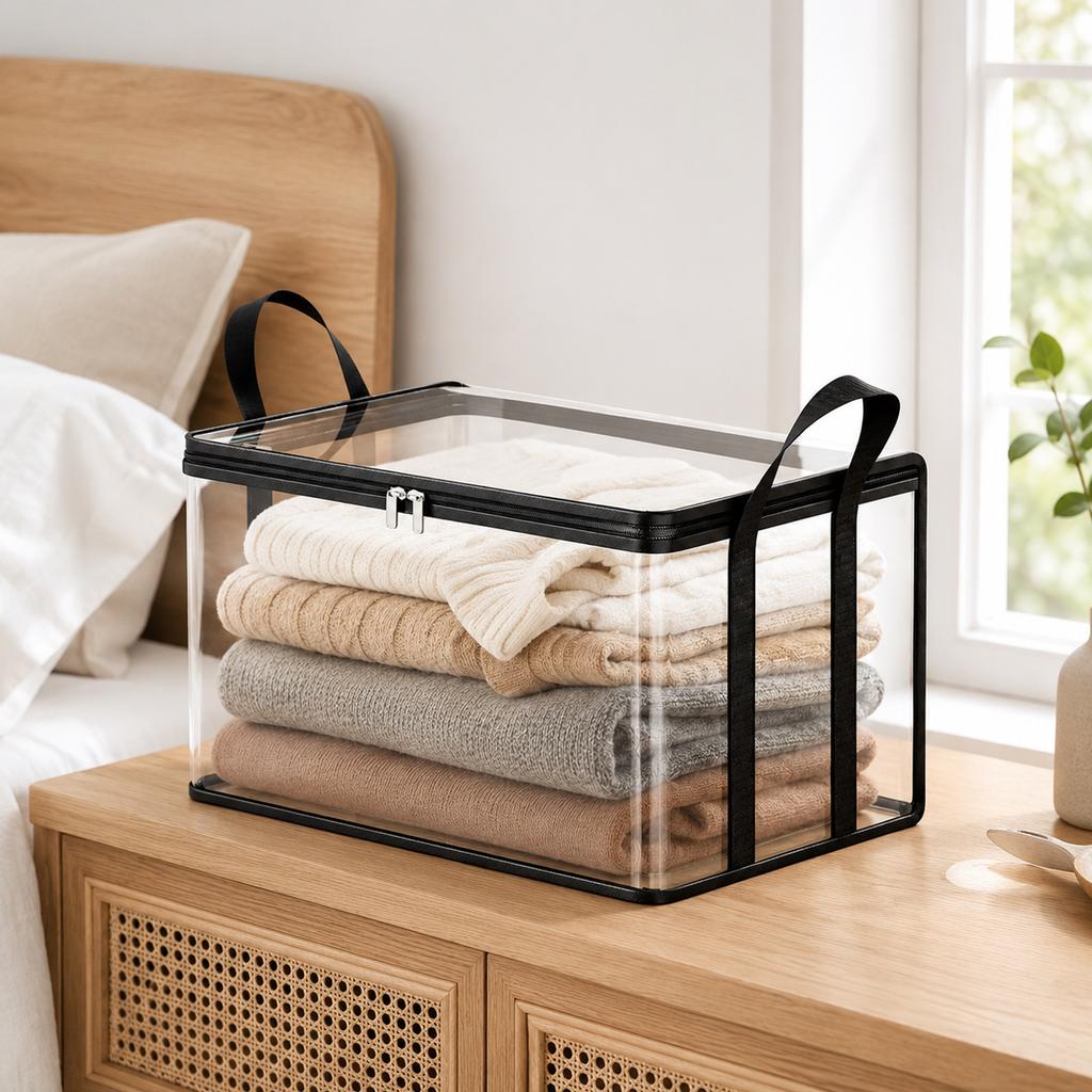 Thickened Transparent Plastic Storage Bag with Zipper and Handles for Clothing Moving Box Cover Organizer Bin for Dormitory and Closet Storage