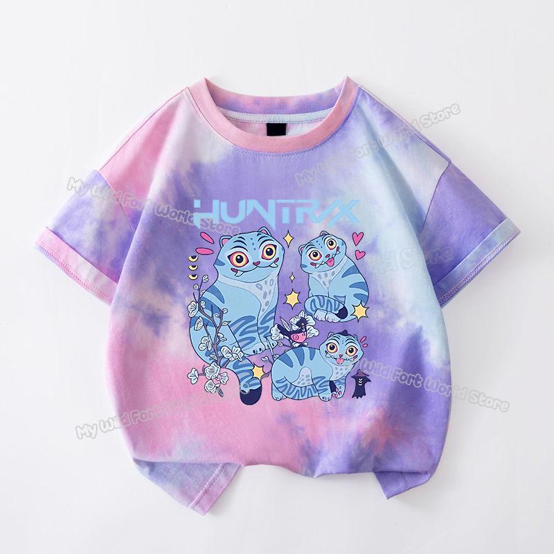 Haijian03 KPop Demon Hunters Tie-dye T-shirt voor Meisje Tops met Korte Mouwen Rumi Mira Zoey Print T-shirts Leuke Zomer Kinderkleding 110