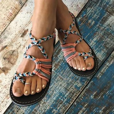 Fashion Women Summer Flip Flop Sandals Shoes Mixed Color Matching Rope Knot Beach Toe Roman Sandals Casual Comfortable Plus Size Shoes