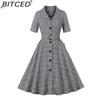 Vintage Women's Collared Mid-Sleeve Single-Breasted Belted Pocket Plaid Dress