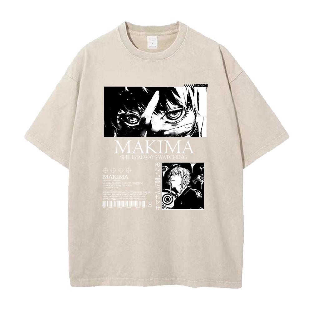 Chainsaw Man Manga Tshirt Makima Print T Shirt Men Women Wash Vintage Tees Clothing Summer Short Sleeve Pure Cotton Tshirt