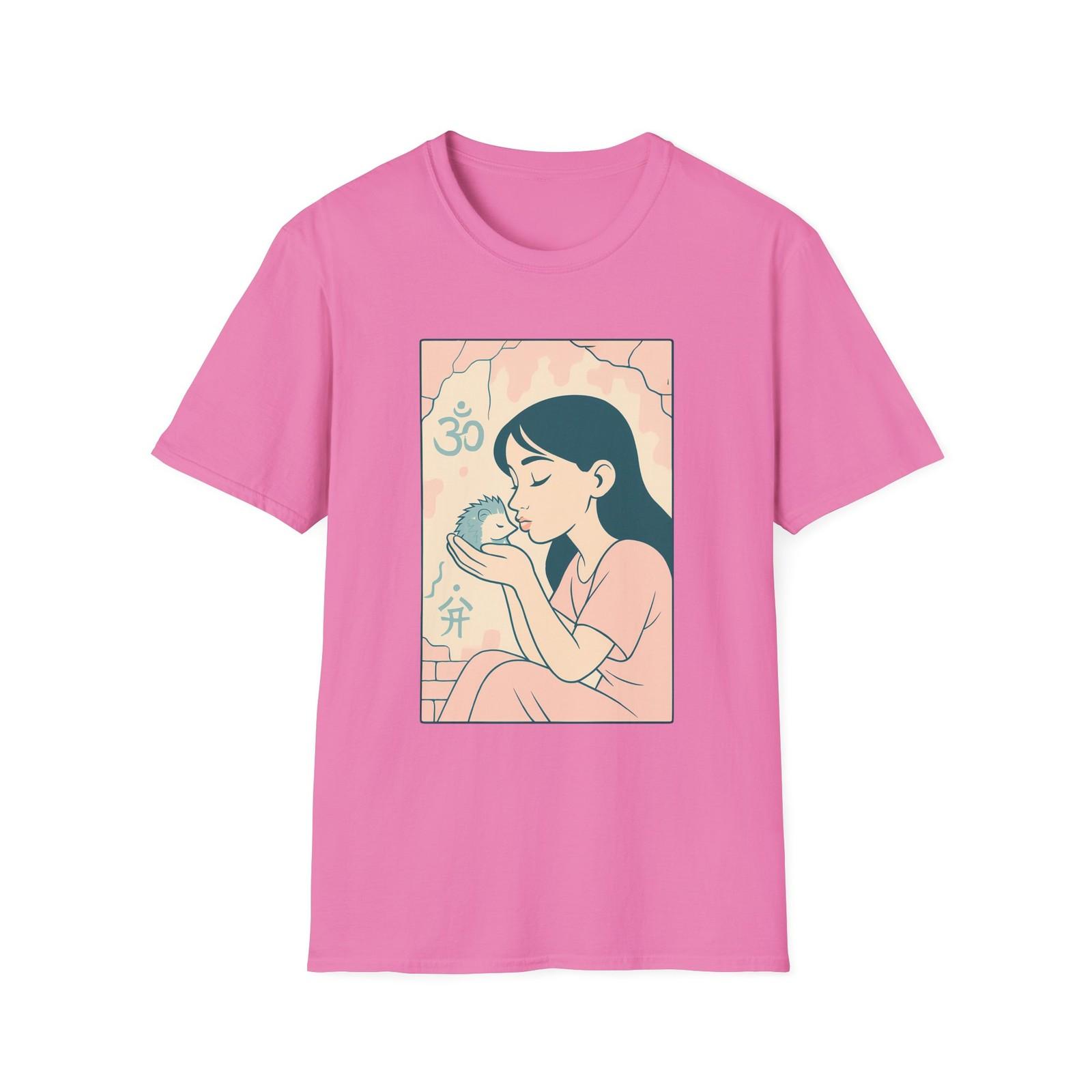 Unisex Softstyle Tender Moment T-Shirt Mens Womens Tees Top – Girl and Hedgehog, Soft Pastel Vibes S