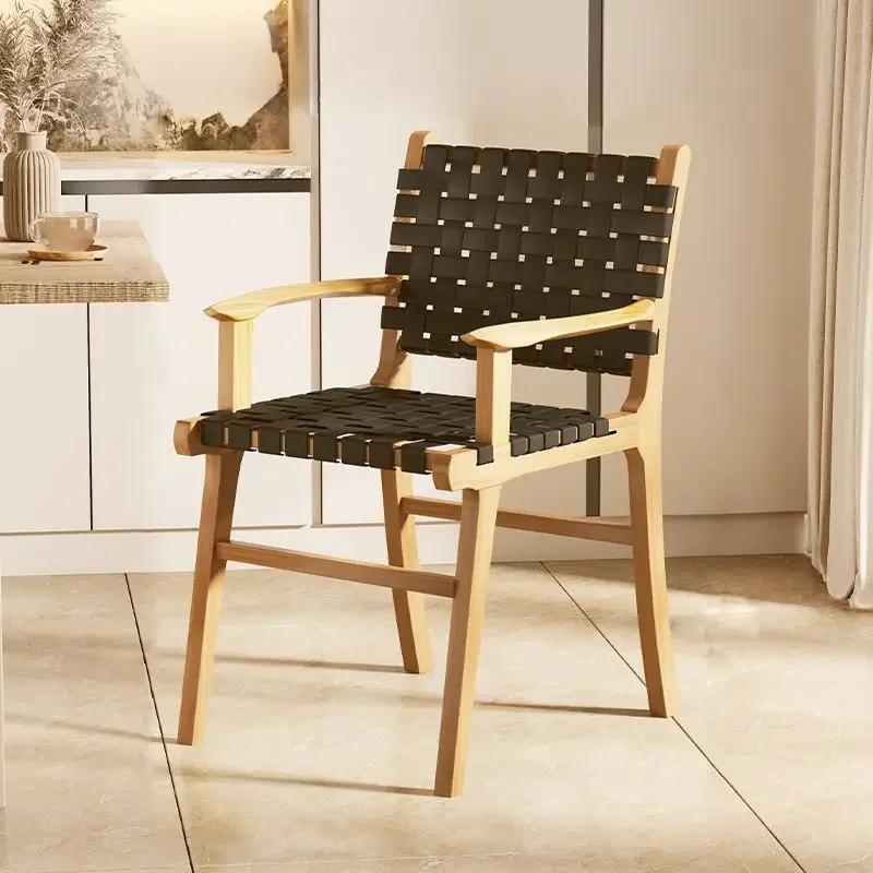 Nordic Wooden Rattan Lightweight Luxury Balcony Chair Rope-Woven Lazy Recliner Stylish Saddle Backrest Seat