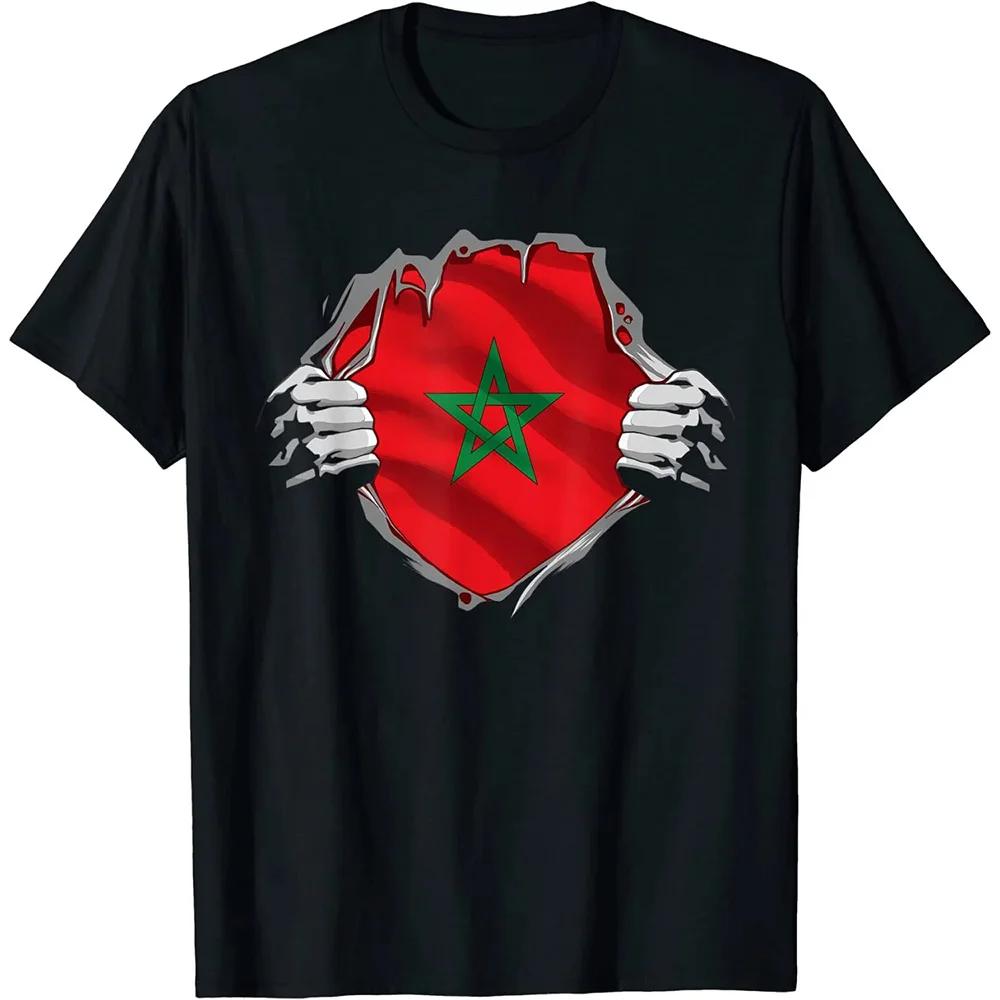 T Shirts Fashion Crew Neck Men ShortSleeve Morocco Soccers Flag Shirt Moroccan Flag Jersey Flag Footballer Tee Shirts S4XL