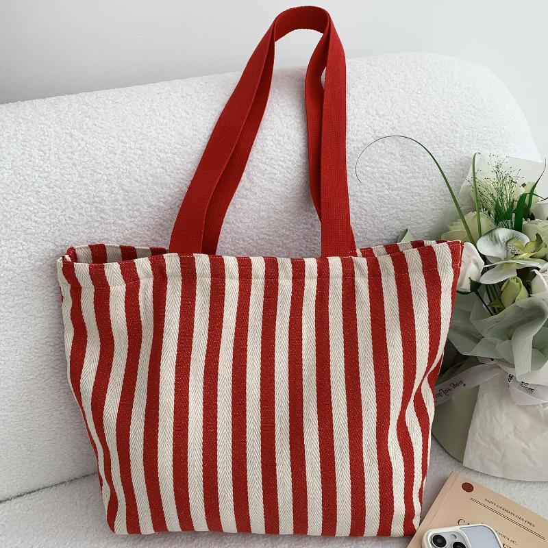 1Pcs Female Daily Shopping Bags Simple Striped Women'S Canvas Casual Shoulder Bags Fashion Large Capacity Ladies Tote Handbags