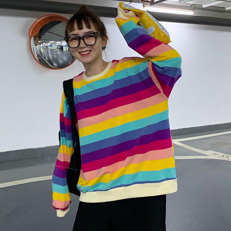 Damen Rundhals Langarmshirt Mode Regenbogenstreifen Lockeres T-Shirt Weibliche Freizeit-Tops