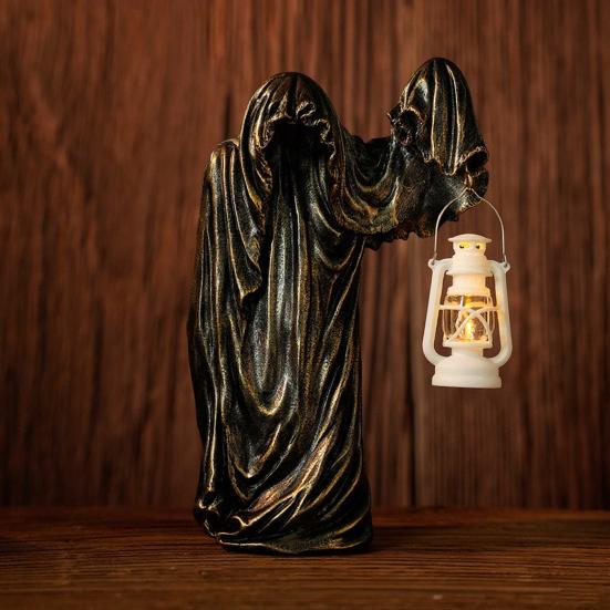 Ghost Wizard Figurine Halloween Ghost Statue with Light-up Lantern Vintage Gothic Ghost Sculpture for Indoor Mantel Cabinet Decoration