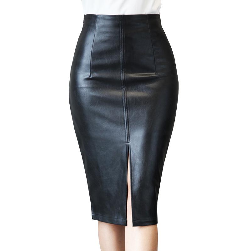 Women's Slimming Leather Pencil Skirt - Mid-Length with Slit