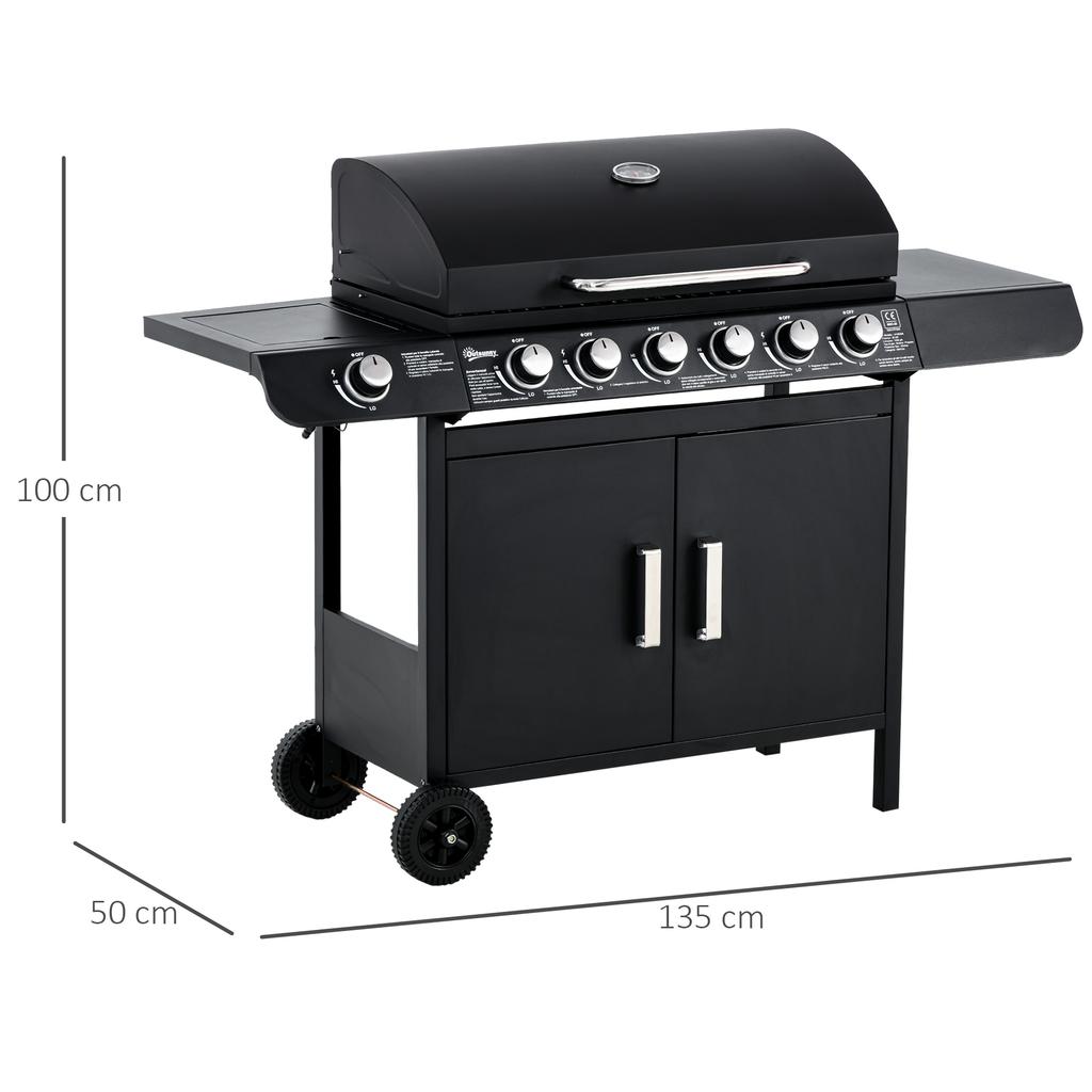 Gas Grill with 7 Burners, Incl. Thermometer, BBQ Grill, Mobile Grill, Black
