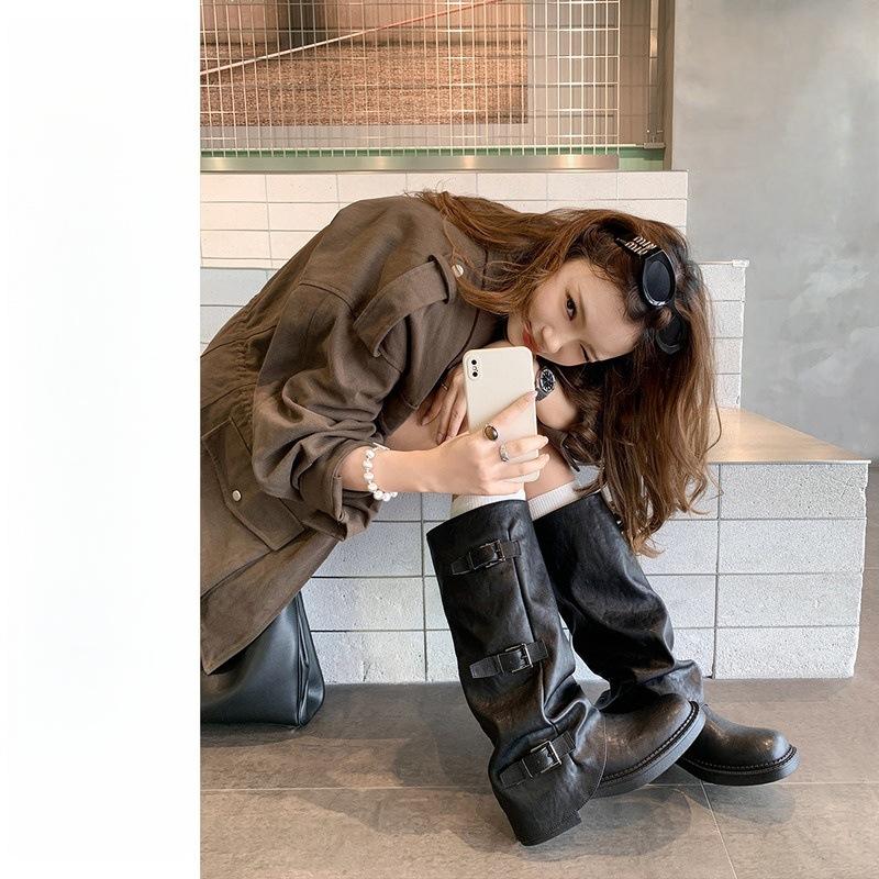 Spice Girls Pants Boots~ Thick-soled Height-increasing Buckle Mid-tube Western Boots 2025 New Knight Boots Women's Pile Boots