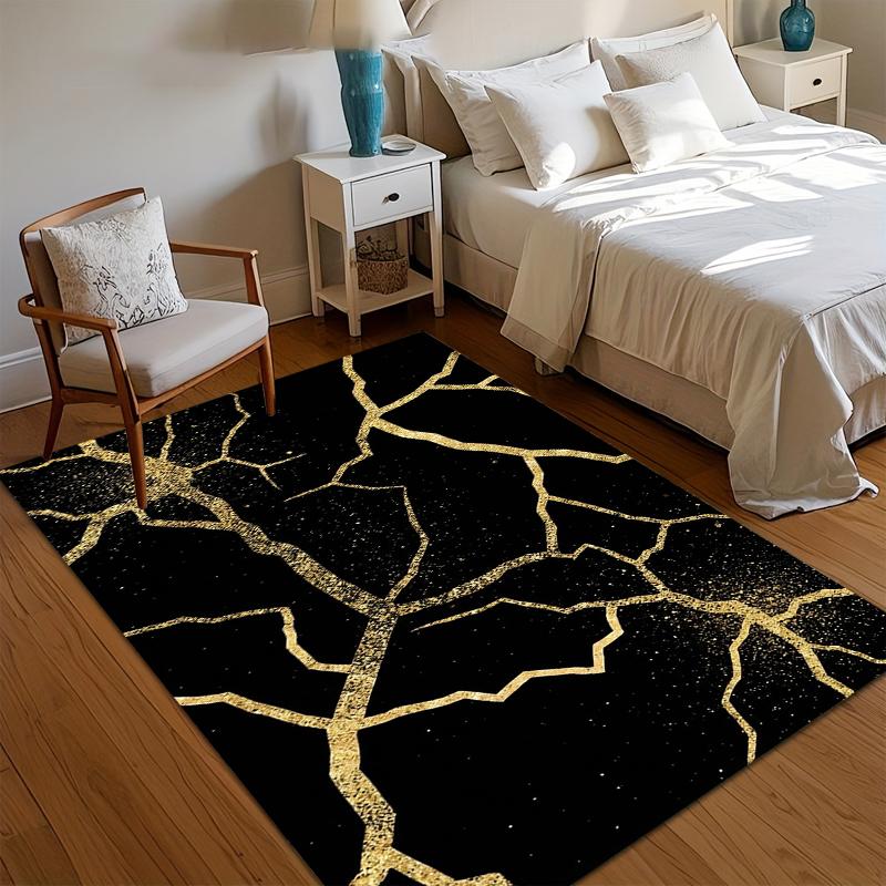 Luxury Black and Gold Kintsugi Marble Print Area Rug, Soft Non-Slip Floor Mat for Living Room Bedroom Kitchen Home Decor 40X60CM