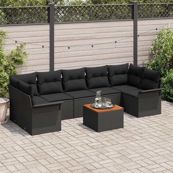 Set de Canapé de Jardin 8 pièces avec Coussins Noir Poly Rattan Acacia, Canapé de Jardin 2 places avec Rangement et Coussins 3355965