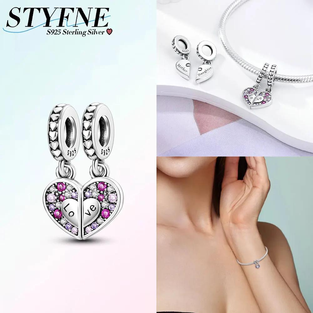 Pink Family Love Heart Charm Original Copper Beads Fit Pan Bracelet Diy Sister Mother Friendship Pendant Fine Gift Jewelry