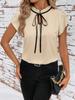 Fashion Versatile Pleated Round Neck Lace Up Printed Short Sleeve Women T Shirt